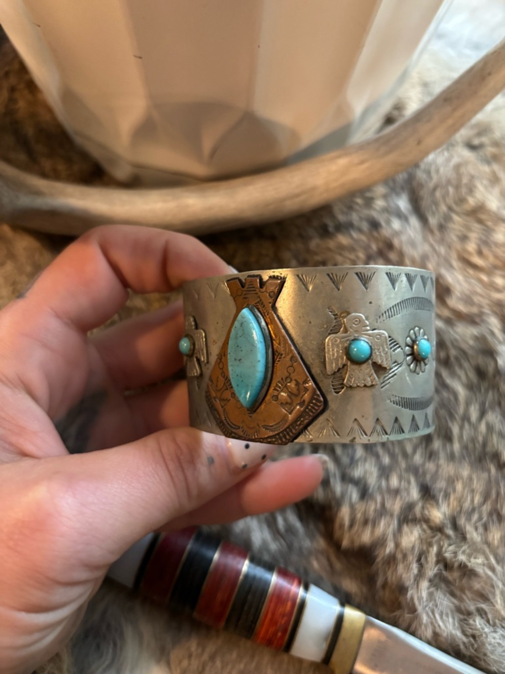 Southwestern Navajo Silver Cuff with Turquoise stones and thunderbird designs - Picture 2 of 5